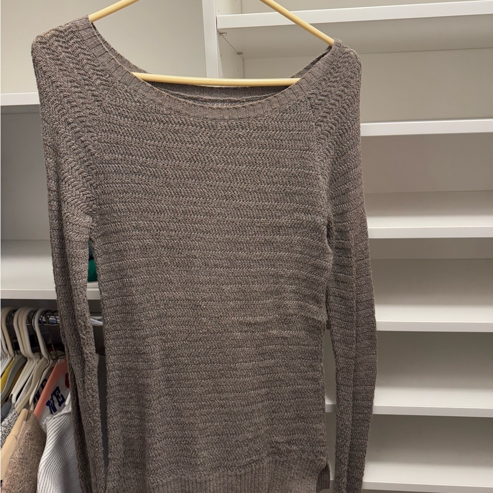 LOFT Brown Crew Neck Sweater with Relaxed Fit and Textured Pattern